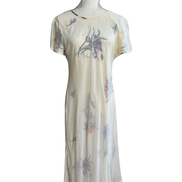 Vintage Ivory Iris Chiffon Sheer Overlay High-Low Floral Midi Dress Size 14 Mica - Picture 1 of 16